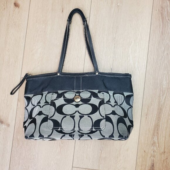 Coach Classic Black Gray Tote Bag Pocketbook Authentic Leather Canvas Purse READ - Picture 1 of 16